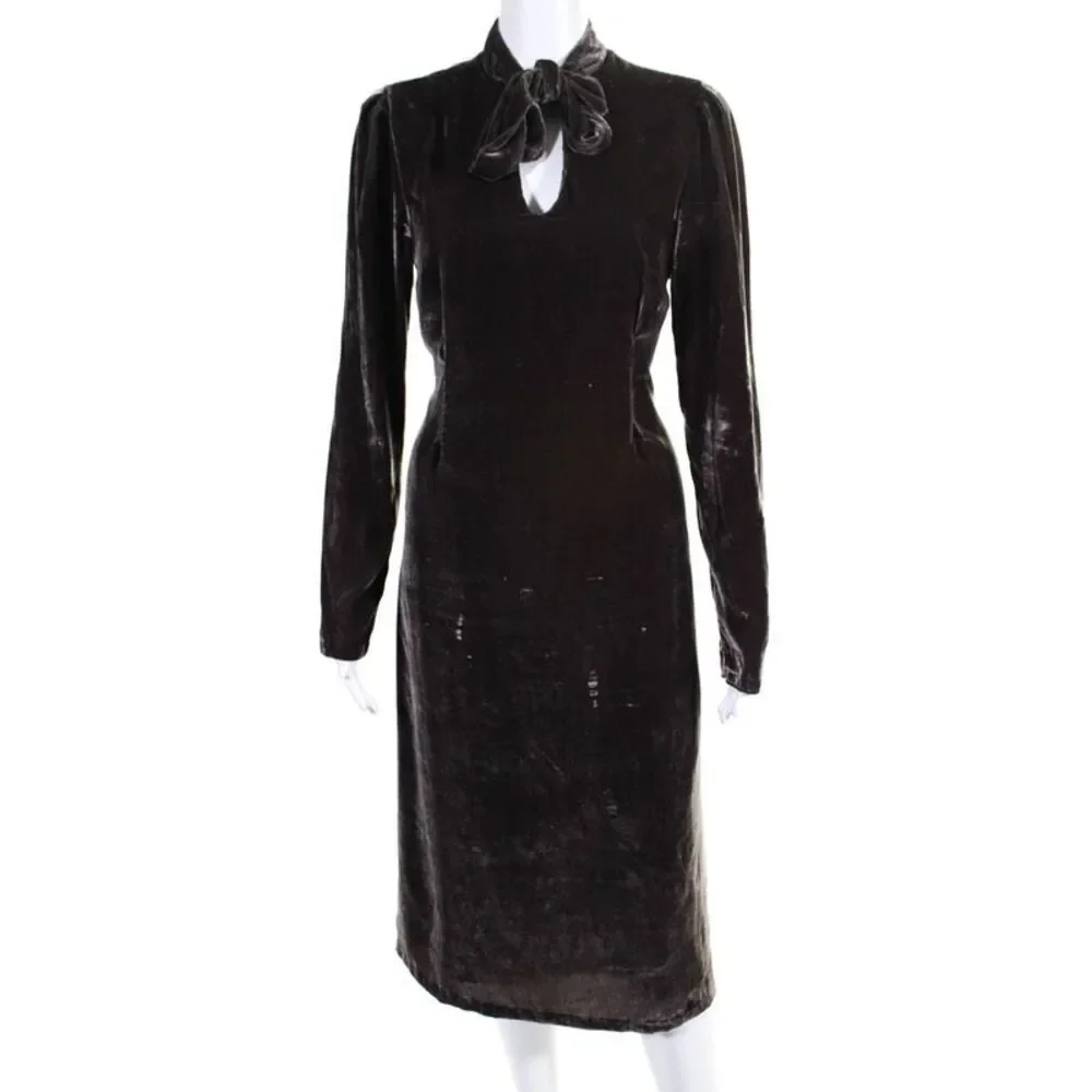 Banana Republic Women's Long Sleeves A-Line Velvet Midi Dress Tan Size 6